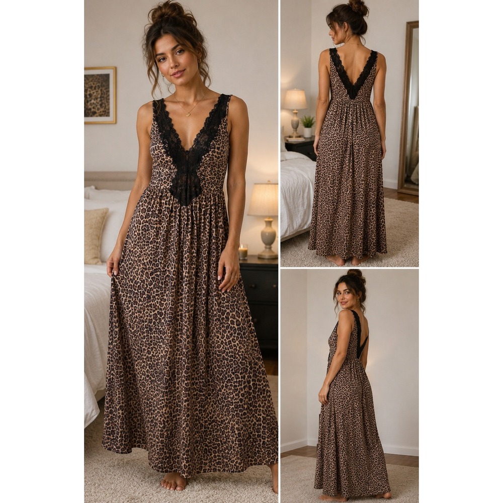 Vintage Lorraine Leopard Maxi Nightgown Black Lace Plunge Animal Print Lingerie